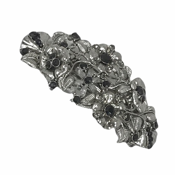 Rhinestones Flowers Hair Clip, Silver Tone and Black - Picture 1 of 5